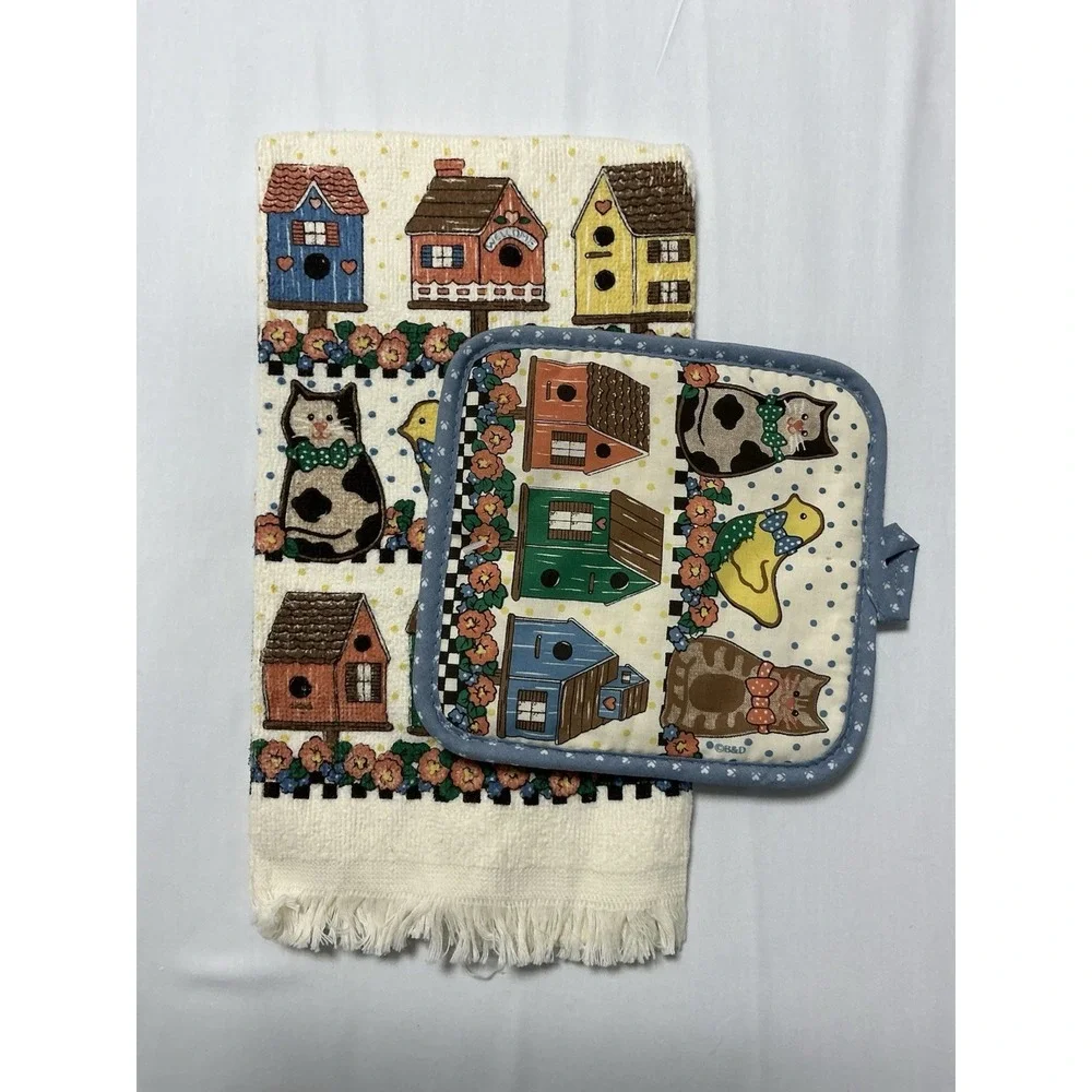 Vintage Home Sweet Home Birdhouse and Cat Themed Kitchen Towel and Pot Holder